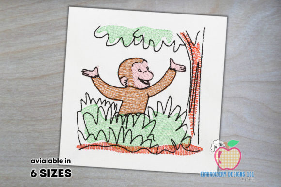 Charming Curious George Monkey Sketch Embroidery